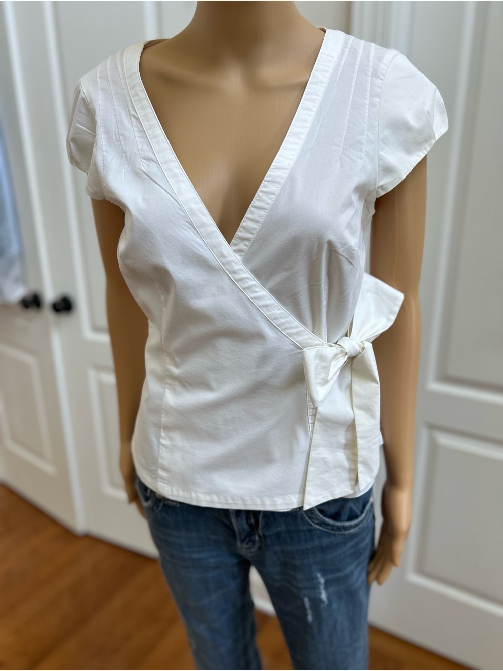 White Wrap Front Cap Sleeve Top Blouse